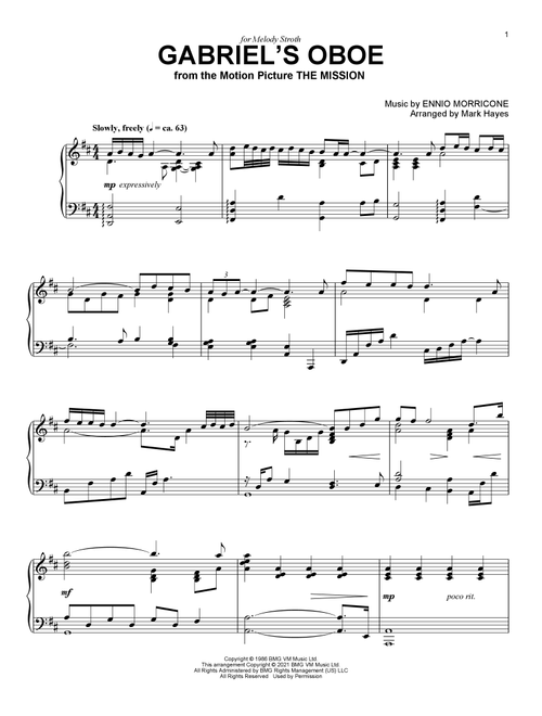 Gabriel's Oboe (from The Mission) (arr. Mark Hayes) - Ennio Morricone (Piano Solo)