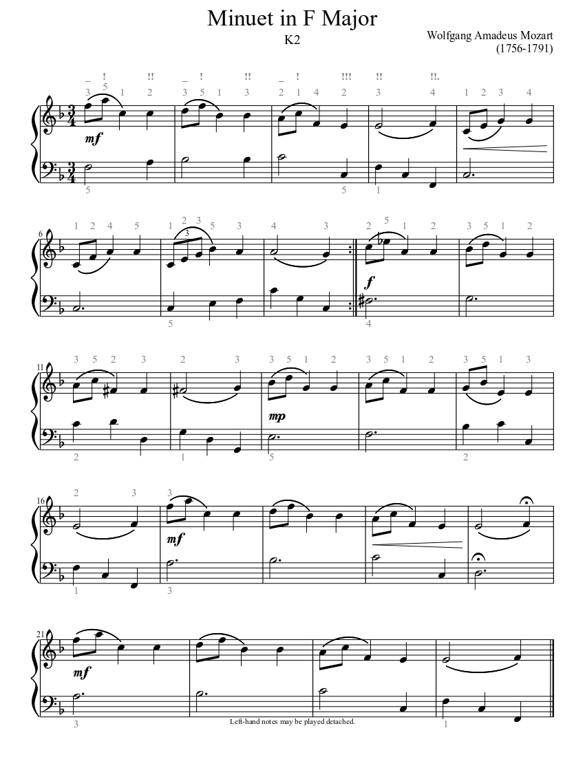 Mozart: Minuet in F (K2) (easy) Sheet music for Piano (Solo) Musescore.com