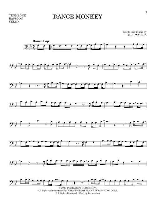 Dance Monkey - Tones And I (Instrumental Solo - Bass Clef)