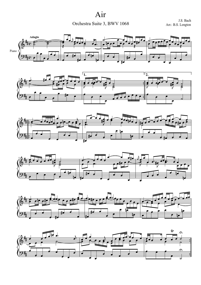 Repetirse exposición Concentración J.S. Bach, Orchestra Suite 3 (BWV 1068) - Air Sheet music for Piano (Solo)  | Musescore.com
