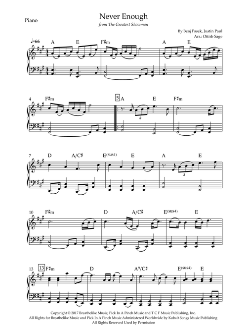 Never Enough (Arr. Ottirb Sage) - The Greatest Showman Ensemble (Piano Solo)
