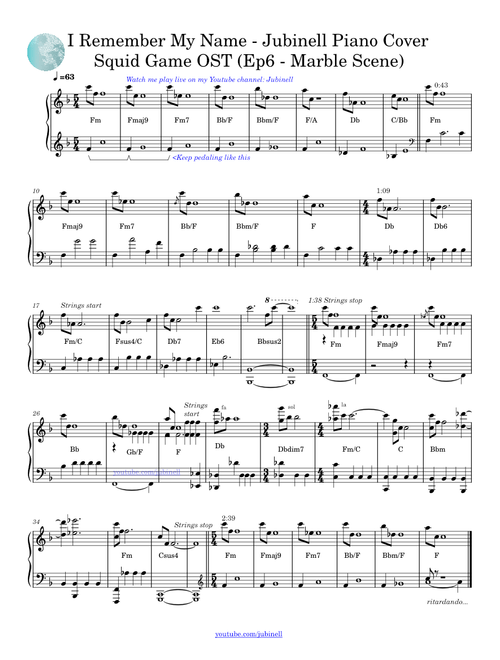 Squid Game OST - I Remember My Name Jubinell Piano Cover | Sheet Music