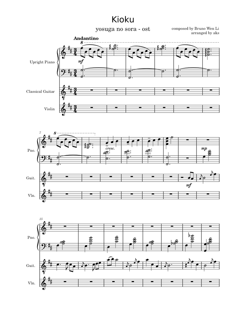 記憶 – Bruno Wen-Li Sheet music for Piano, Violin, Guitar