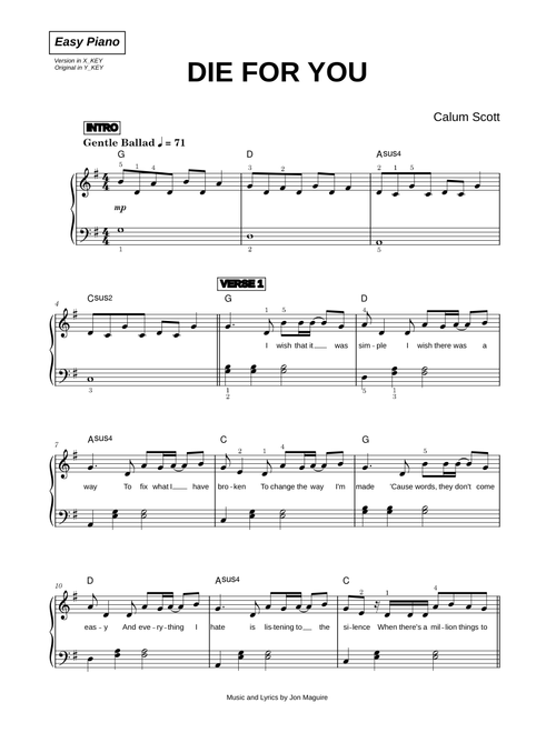 Die For You - Calum Scott (Easy Piano)