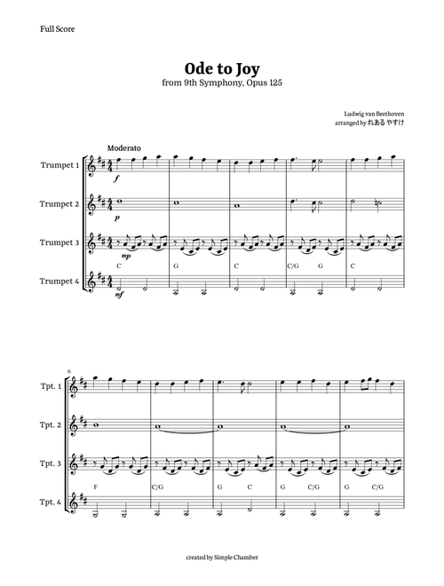 Ode to Joy for Trumpet Quartet by Beethoven Opus 125 (Arr. れある やすけ) (Brass Ensemble)