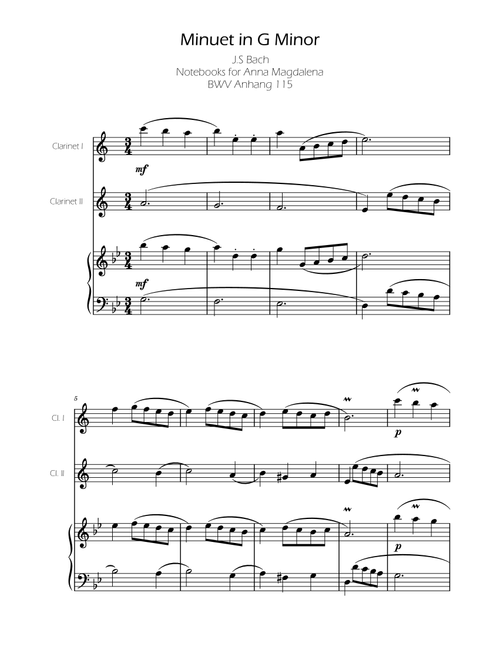 Minuet in G minor BWV Anh. 115 - Bach - Clarinet Duo (Arr. Ygor Nunes Silva) - Johann Sebastian Bach (Instrumental Duet and Piano)