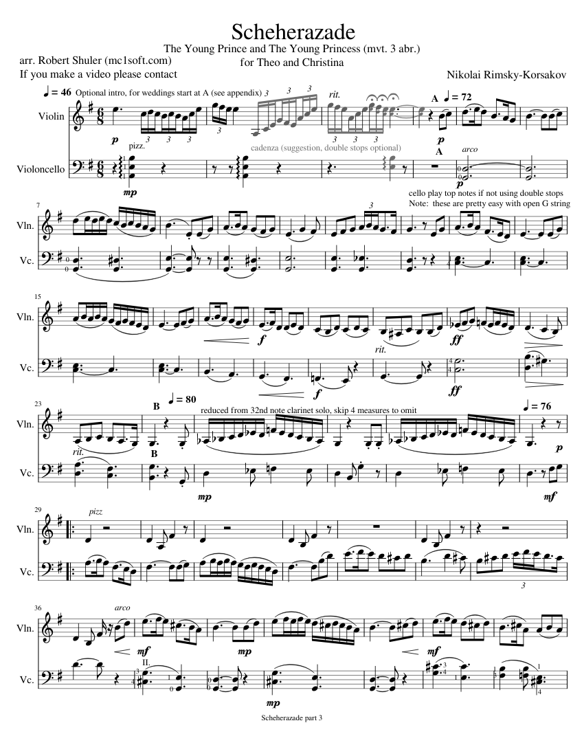 Scheherazade 3rd mvt v-c Sheet music for Violin, Cello