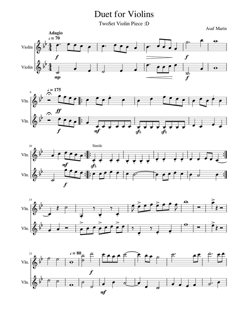 Duet for Violins in B flat Major Sheet music for Violin (String Duet ...