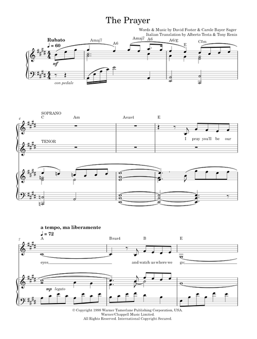 The Prayer - Andrea Bocelli, Josh Groban & Charlotte Church (Piano-Vocal-Guitar)