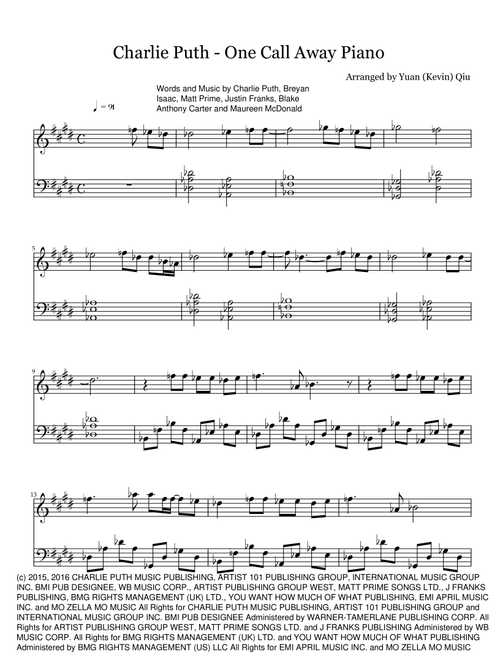 One Call Away (Arr. Yuan (Kevin) Qiu) - Charlie Puth (Piano Solo)