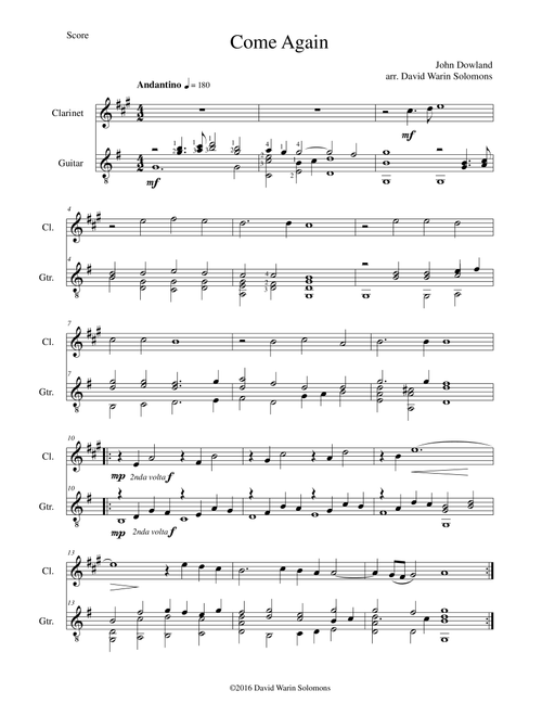 Come again for clarinet and guitar (Arr. David Warin Solomons) - John Dowland (Instrumental Duet)