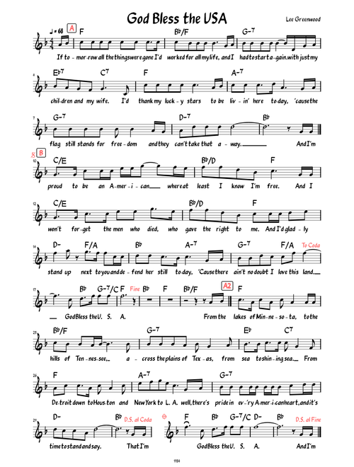 God Bless the USA (Lead sheet with lyrics )