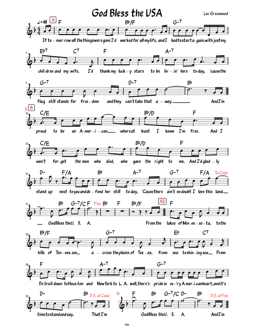God Bless the USA (Lead sheet with lyrics ) Sheet music for Piano (Solo) |  