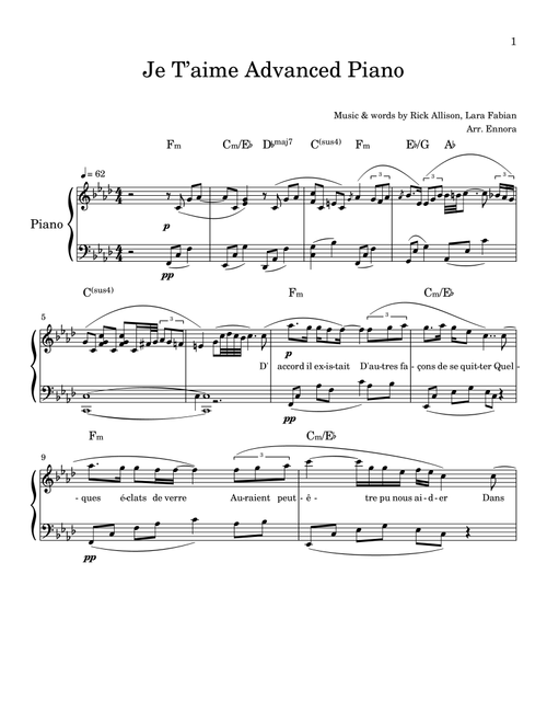 Je T’aime (Arr. Ennora) - Lara Fabian (Piano Solo)