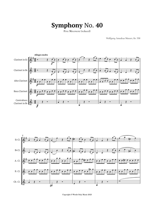 Symphony No. 40 by Mozart for Clarinet Ensemble Quintet (Arr. Ander) (Woodwind Ensemble)