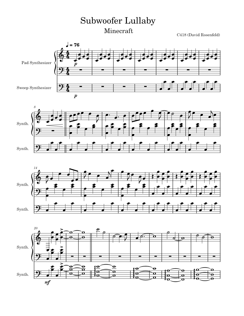 Subwoofer Lullaby C418 Subwoofer Lullaby Sheet music for Synthesizer