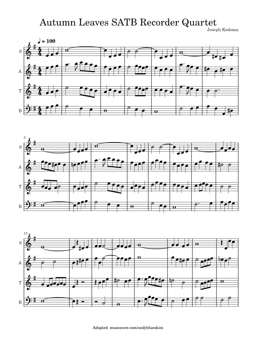 Autumn Leaves SATB Recorder Quartet Joseph Kosma Sheet music for