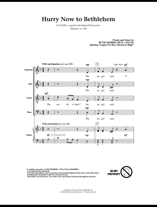 Hurry Now To Bethlehem (quoting "Angels We Have Heard On High") - Ruth Morris Gray (Choral, SATB)