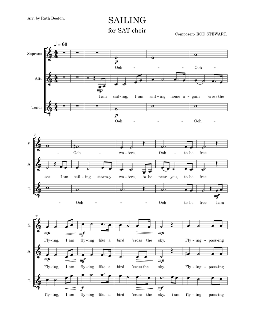 Sailing Notes I am sailing – Rod Stewart SAILING Sheet Music for Soprano, Alto, Tenor ...