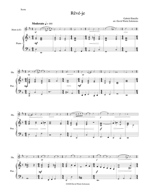 Rêvé-je (after Gabriel Bataille) for tenor horn (horn in E flat) and piano (Arr. David Warin Solomons) (Instrumental Solo (with Piano Accompaniment))