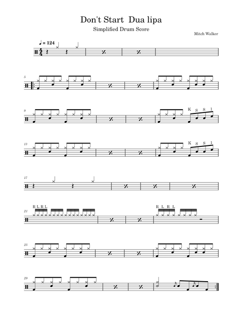 Don't Start Now – Dua Lipa Simplified drum Score