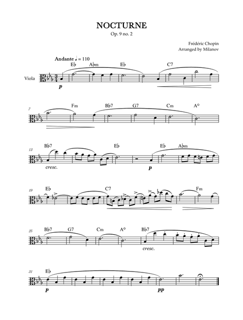 Chopin Nocturne op. 9 no. 2 | Viola | E-flat Major | Chords | Easy beginner (Arr. Milanov) - Frédéric Chopin (Viola Solo)