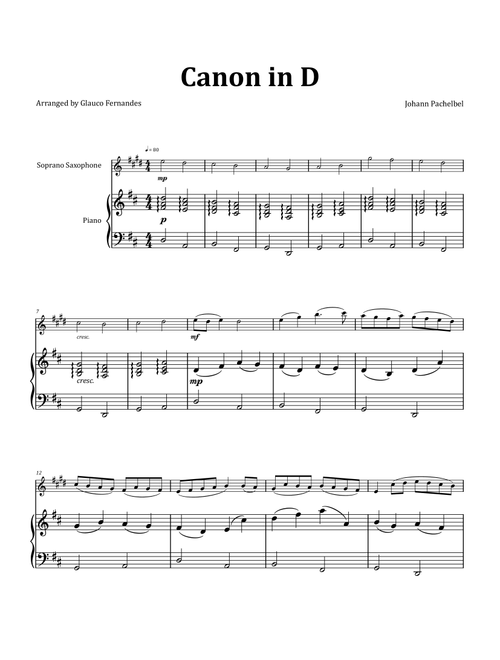 Canon by Pachelbel - Soprano Saxophone & Piano (Arr. Glauco Fernandes) - Johann Pachelbel (Soprano Sax and Piano)