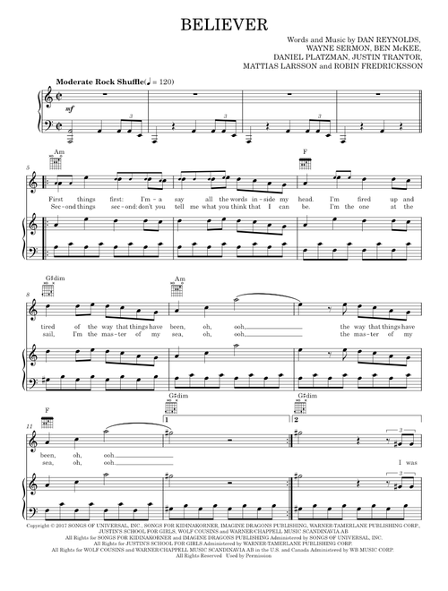Believer - Imagine Dragons (Piano-Vocal-Guitar)