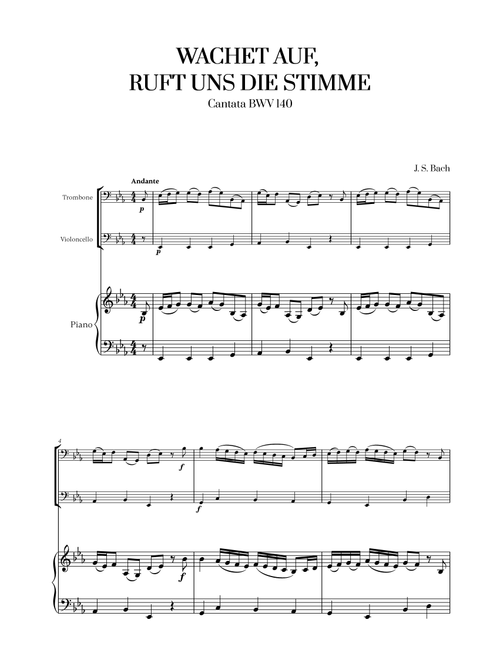 Johann Sebastian Bach - Wachet auf, ruft uns die Stimme (for Trombone, Cello and Piano) (Arr. Cadenza Editions) (Instrumental Duet)
