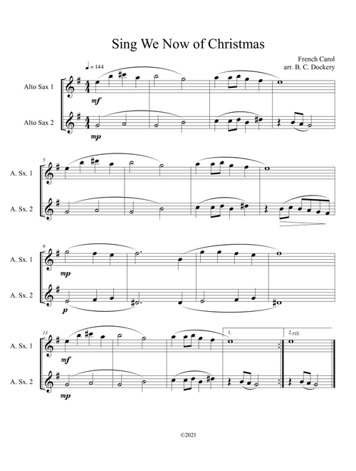 Sing We Now of Christmas (Alto Sax Duet) (Arr. B. C. Dockery) - Traditional (Alto Saxophone Duet)