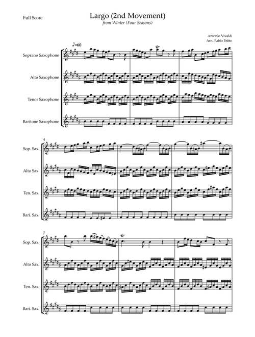 Largo from Winter (Antonio Vivaldi) for Saxophone Quartet (Arr. Fabio Britto) (Woodwind Ensemble)