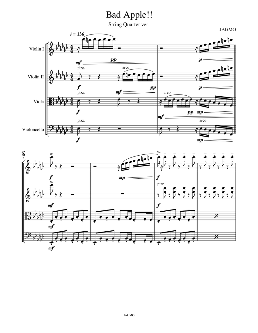 Bad Apple!! String Quartet ver. Sheet Music for Violin, Viola