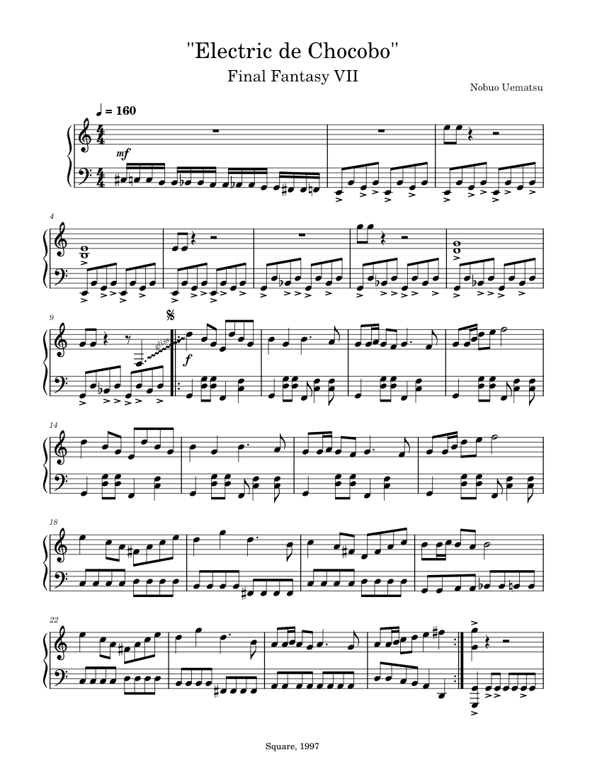 Electric de Chocobo (Final Fantasy VII) Sheet Music for Piano
