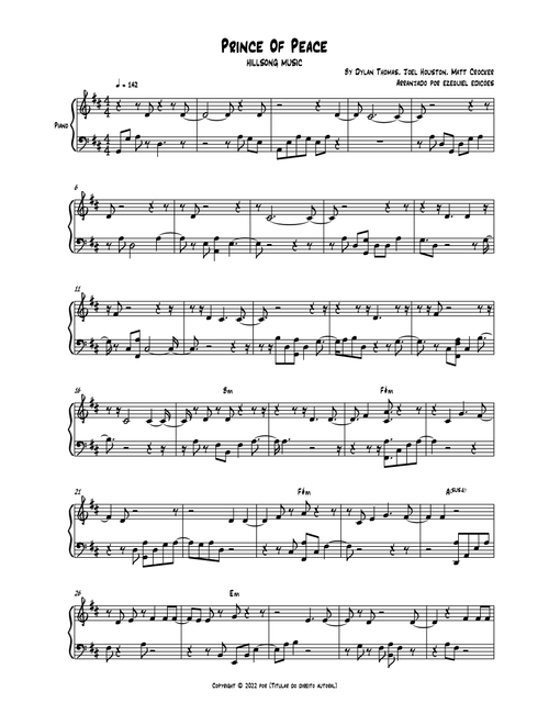 Prince Of Peace (Arr. BY EZEQUIEL EDIÇÕES) - Matt Crocker, Joel Houston, Dylan Thomas (Easy Piano)