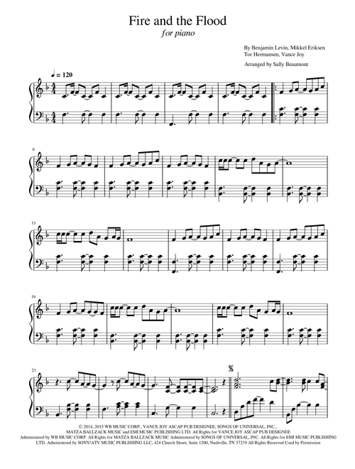 Fire And The Flood (Arr. Sally Beaumont) - Vance Joy (Piano Solo)