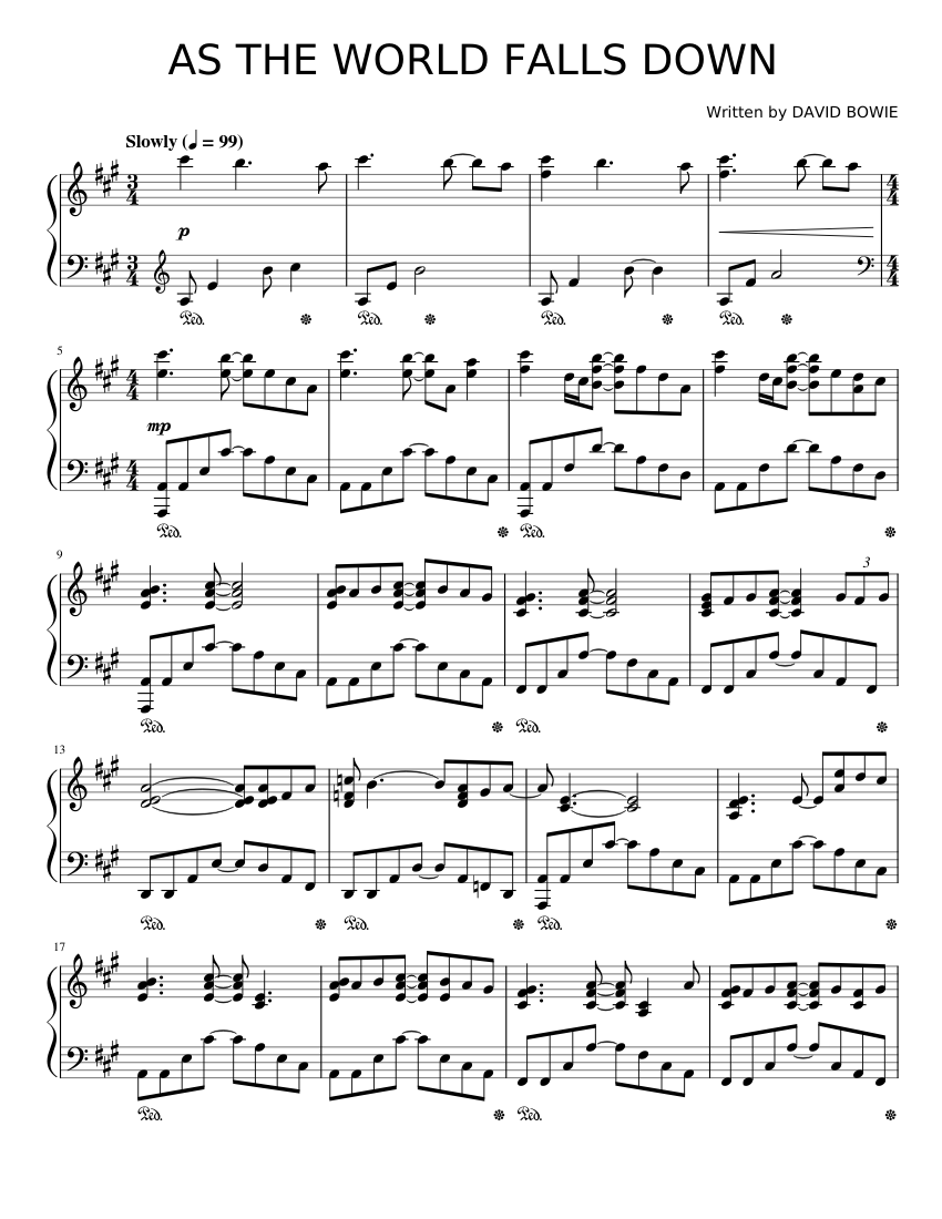 As the World Falls Down – David Bowie Sheet Music for Piano (Solo