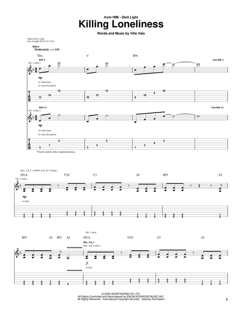 Killing Loneliness - HIM (Guitar Tab)