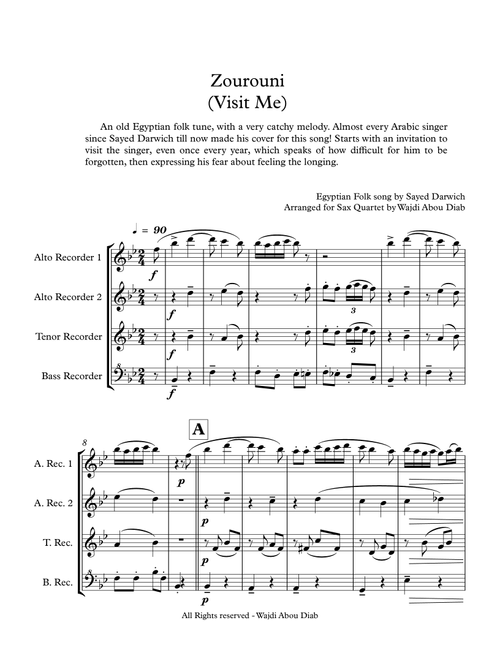 Zourouni (Arabic Song) - Recorder Quartet (Arr. Wajdi Abou Diab) - Sayed Darwich (Woodwind Ensemble)