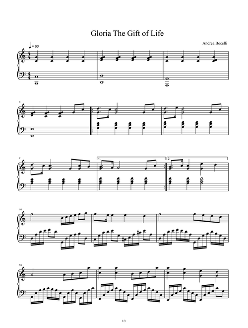Gloria The Gift Of Life (Arr. Andrea Bocelli) (Piano Solo)