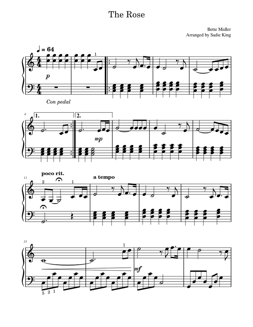 The Rose Bette Midler Easy Piano Sheet music for Piano (Solo