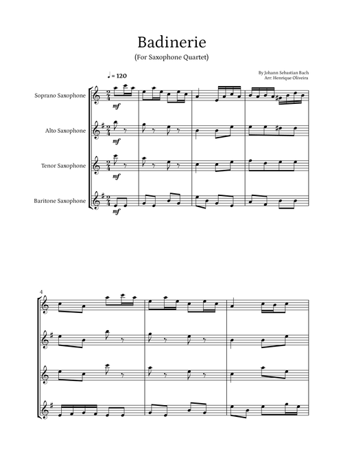 Badinerie by J. S. Bach (For Saxophone Quartet) (Arr. Henrique Oliveira) - Johann Sebastian Bach (Woodwind Ensemble)