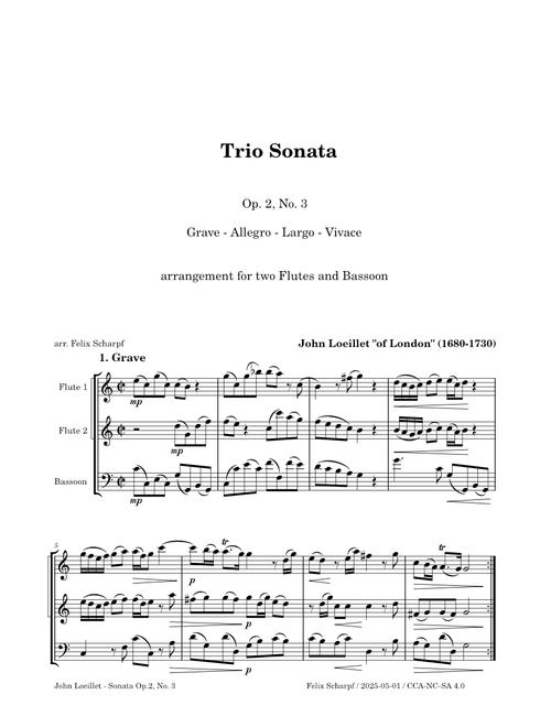 Trio Sonata Op. 2, No. 3 - John Loeillet ("of London") arr. for two Flutes and Basson