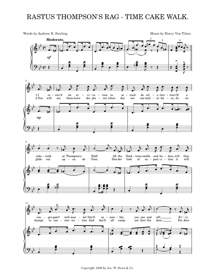 Ragtime Rastus Rastus Thompson's Ragtime Cake Walk (1898) Sheet music for Piano ...