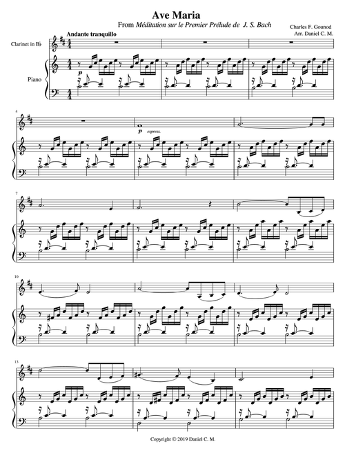 Ave Maria (Bach and Gounod) for B flat clarinet and piano (Arr. Daniel C. M.) - Johann Sebastian Bach, Charles Gounod (Clarinet and Piano)