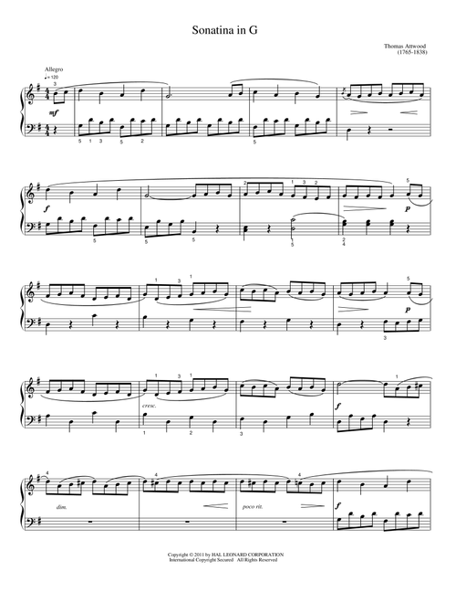 Sonatina in G - Thomas Attwood (Easy Piano)