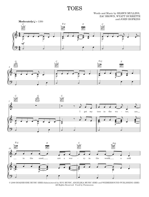 Toes - Zac Brown Band (Piano-Vocal-Guitar)