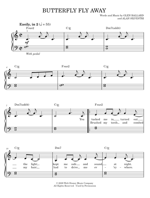 Butterfly Fly Away - Hannah Montana, Hannah Montana Movie, Miley Cyrus (Easy Piano)