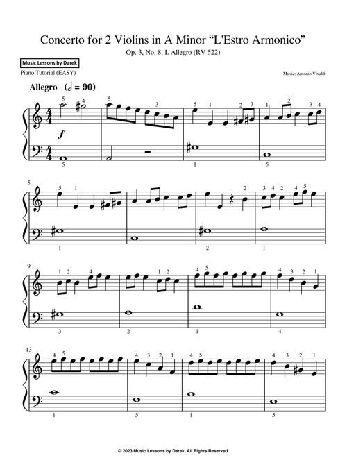 Concerto for 2 Violins in A Minor “L'Estro Armonico” (EASY PIANO) Op. 3, No. 8, I. Allegro (RV 522) (Arr. Darek) - Antonio Vivaldi (Easy Piano)