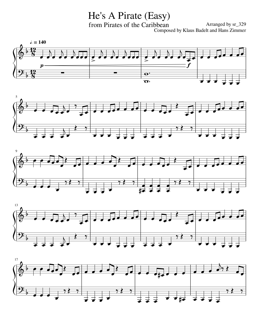 He's A Pirate Easy From Pirates Of The Caribbean Sheet Music For Piano ...