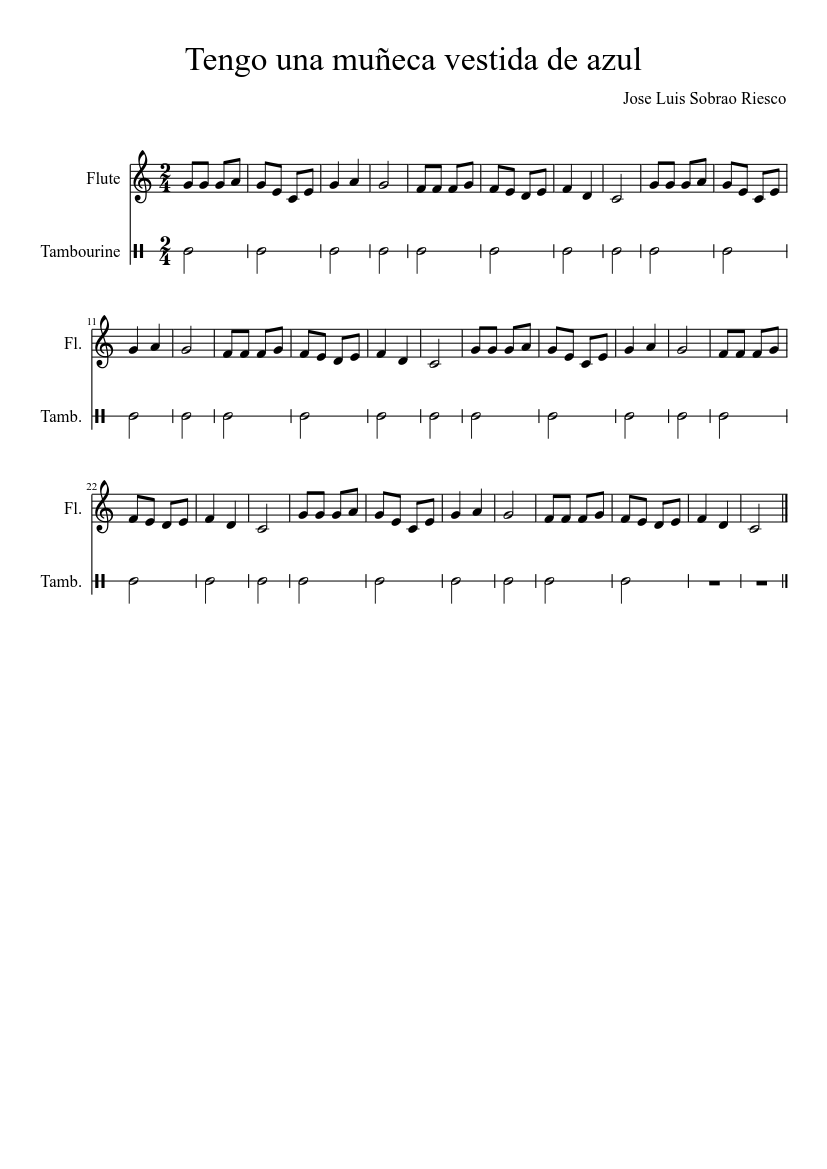 Tengo una muñeca vestida de azul Sheet music for Flute (Solo) | Tengo una muñeca vestida de azul Sheet music for Flute (Solo) |